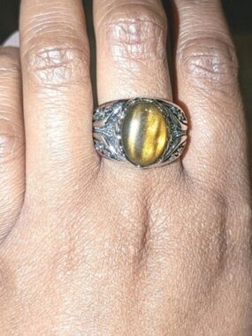 Mens Oval Tiger Eye Gemstone Silver Plated Ring Brown Veined Stone Ring Sz 10